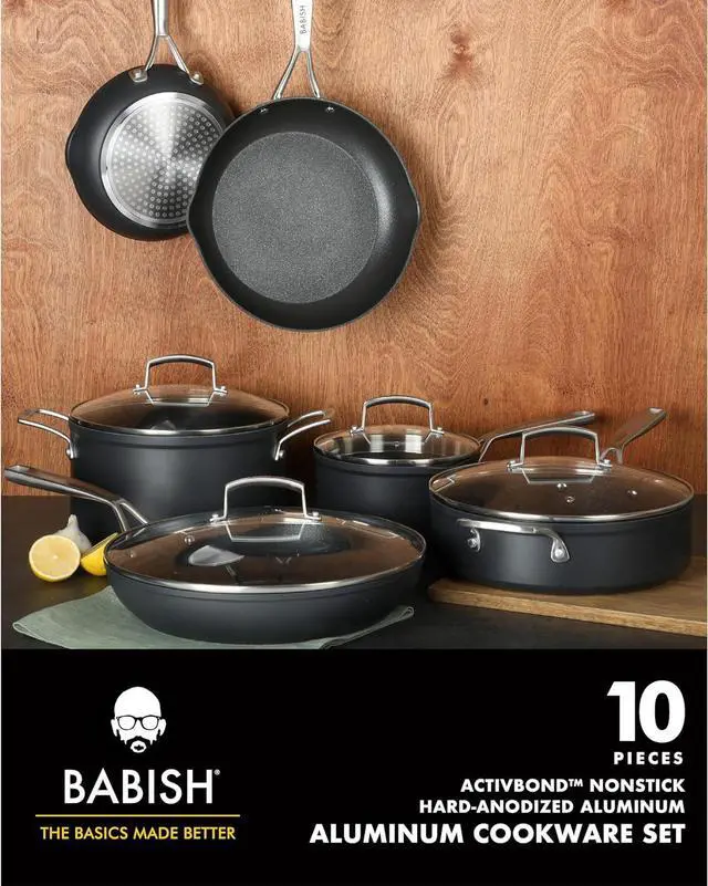 Alt view image 2 of 7 - Babish 10 Piece Hard Anodized Laser Titanium Forever Non Stick Technology Durable Pots and Pans Cookware Set - Black