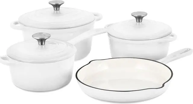 Main image of Basque Enameled Cast Iron Cookware Set (Blanc White), 7-Piece Set, Nonstick, Oversized Handles, Oven Safe; 10.25" Skillet, 2QT Saucepan, 2.25QT Small Dutch Oven, 4.75QT Large Dutch Oven