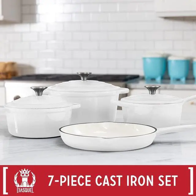 Alt view image 2 of 6 - Basque Enameled Cast Iron Cookware Set (Blanc White), 7-Piece Set, Nonstick, Oversized Handles, Oven Safe; 10.25" Skillet, 2QT Saucepan, 2.25QT Small Dutch Oven, 4.75QT Large Dutch Oven