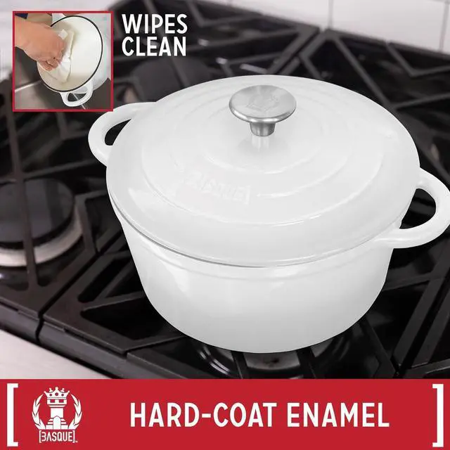 Alt view image 3 of 6 - Basque Enameled Cast Iron Cookware Set (Blanc White), 7-Piece Set, Nonstick, Oversized Handles, Oven Safe; 10.25" Skillet, 2QT Saucepan, 2.25QT Small Dutch Oven, 4.75QT Large Dutch Oven