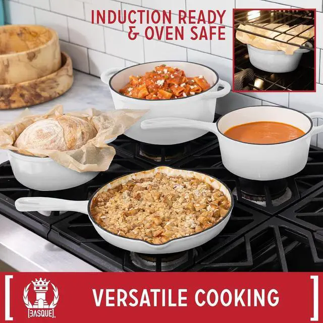 Alt view image 4 of 6 - Basque Enameled Cast Iron Cookware Set (Blanc White), 7-Piece Set, Nonstick, Oversized Handles, Oven Safe; 10.25" Skillet, 2QT Saucepan, 2.25QT Small Dutch Oven, 4.75QT Large Dutch Oven