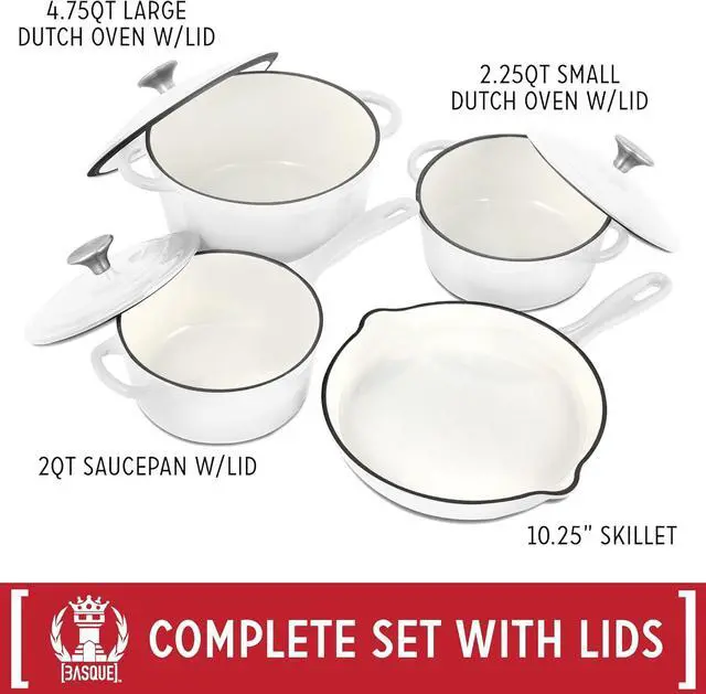 Alt view image 6 of 6 - Basque Enameled Cast Iron Cookware Set (Blanc White), 7-Piece Set, Nonstick, Oversized Handles, Oven Safe; 10.25" Skillet, 2QT Saucepan, 2.25QT Small Dutch Oven, 4.75QT Large Dutch Oven