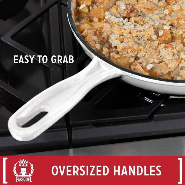 Alt view image 5 of 6 - Basque Enameled Cast Iron Cookware Set (Blanc White), 7-Piece Set, Nonstick, Oversized Handles, Oven Safe; 10.25" Skillet, 2QT Saucepan, 2.25QT Small Dutch Oven, 4.75QT Large Dutch Oven