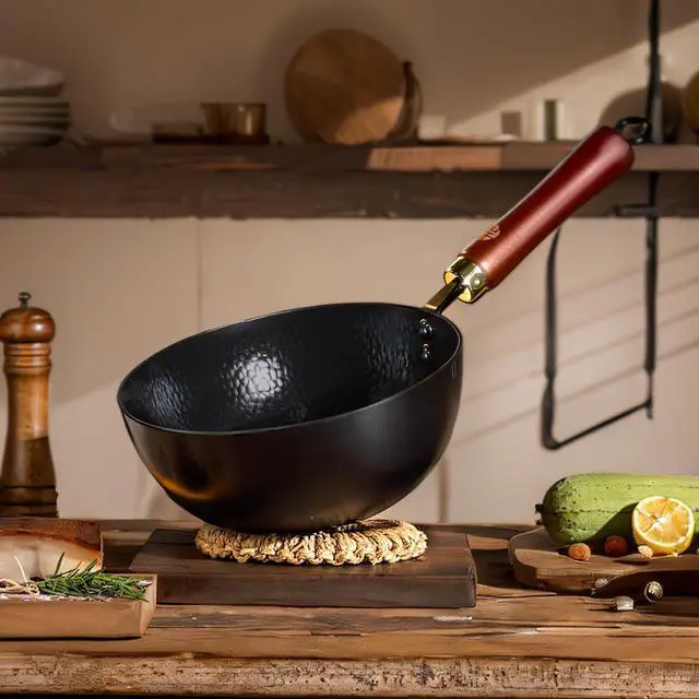 Alt view image 2 of 7 - WANGYUANJI Handmade Cast Iron Wok,Non-Coated Stir Fry Pan,8.6-Inch Iron Pot with Lid and Spatula,Suitable for Home Cooking, Compatible with Induction, Gas, and Electric Ceramic Cooktops