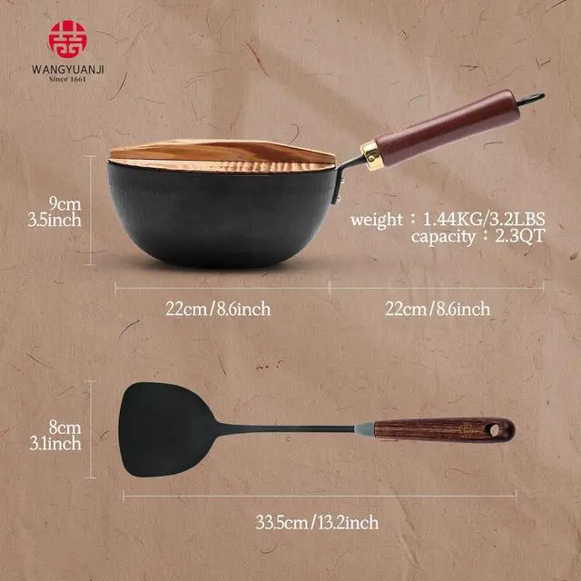 Alt view image 3 of 7 - WANGYUANJI Handmade Cast Iron Wok,Non-Coated Stir Fry Pan,8.6-Inch Iron Pot with Lid and Spatula,Suitable for Home Cooking, Compatible with Induction, Gas, and Electric Ceramic Cooktops