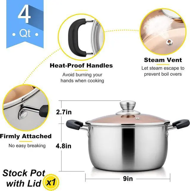 Alt view image 3 of 7 - E-far 4 Quart Stock Pot, Stainless Steel Metal Soup Pot with Glass Lid for Cooking, Healthy & Rust Free, Heavy Duty & Dishwasher Safe