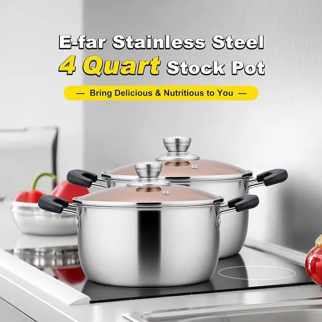 Alt view image 7 of 7 - E-far 4 Quart Stock Pot, Stainless Steel Metal Soup Pot with Glass Lid for Cooking, Healthy & Rust Free, Heavy Duty & Dishwasher Safe