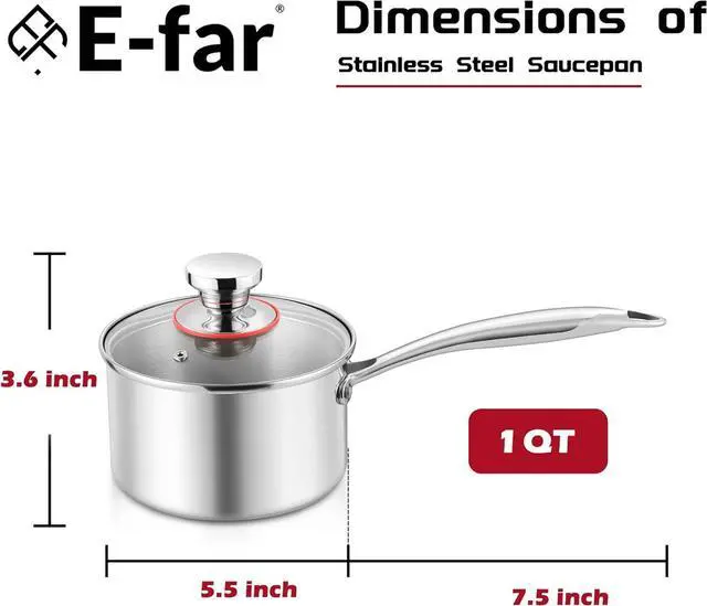 Alt view image 2 of 7 - E-far 1-Quart Saucepan, Tri-Ply Stainless Steel Sauce Pan with Glass Lid, Small Cooking Induction Pot Compatible with All Cooktops, Non Toxic, Oven & Dishwasher Safe