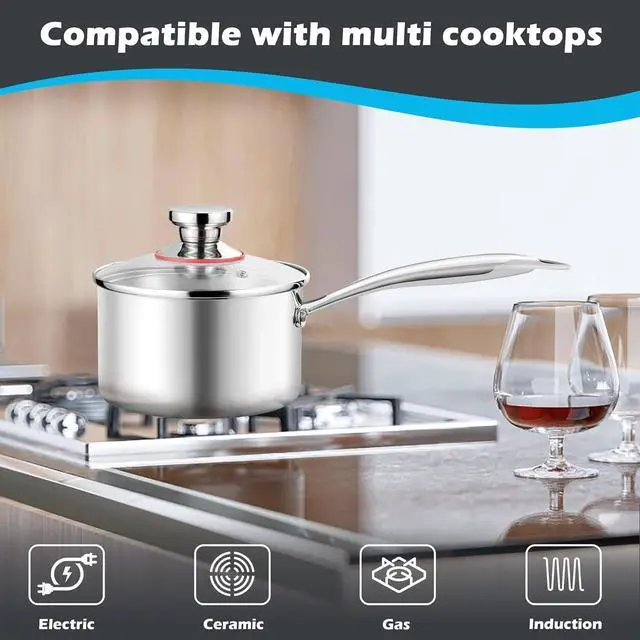 Alt view image 3 of 7 - E-far 1-Quart Saucepan, Tri-Ply Stainless Steel Sauce Pan with Glass Lid, Small Cooking Induction Pot Compatible with All Cooktops, Non Toxic, Oven & Dishwasher Safe