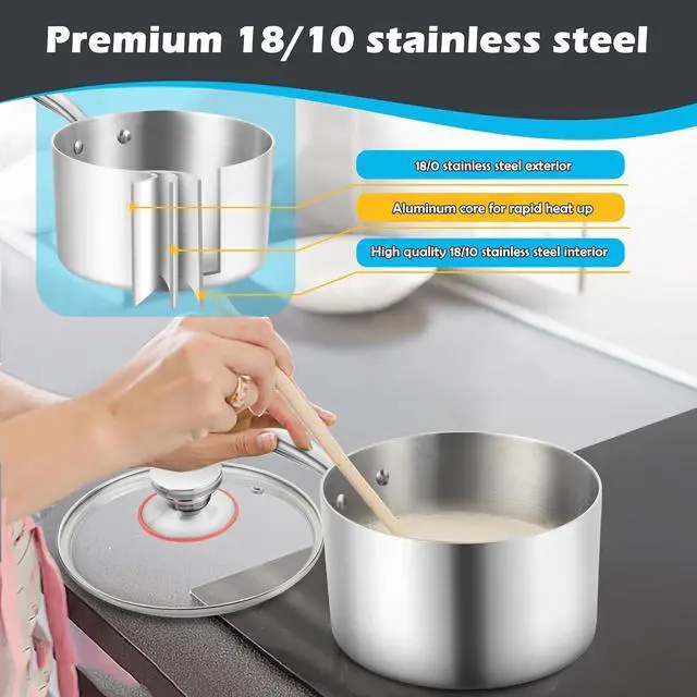 Alt view image 4 of 7 - E-far 1-Quart Saucepan, Tri-Ply Stainless Steel Sauce Pan with Glass Lid, Small Cooking Induction Pot Compatible with All Cooktops, Non Toxic, Oven & Dishwasher Safe