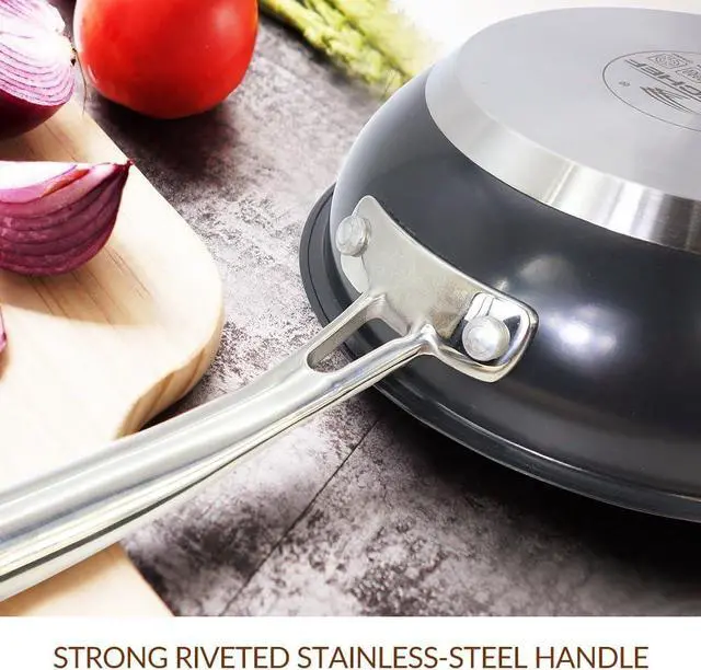 Alt view image 4 of 5 - HOMICHEF Navy Gray 9.5-Inch NICKEL FREE Fry Pan Stainless Steel (No Toxic Non Stick Coating) - Induction Cookware Frying Pan - Noble Fry Pan Stainless Steel Wok Nickel Free Pans Skillets