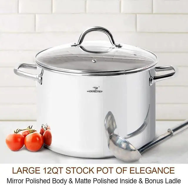 Alt view image 2 of 6 - HOMICHEF 12 Quart LARGE Stock Pot with Glass Lid - NICKEL FREE Stainless Steel Healthy Cookware Stockpots with Lids 12 Quart - Mirror Polished Induction Pot - Commercial Grade Soup Pot Cooking Pot