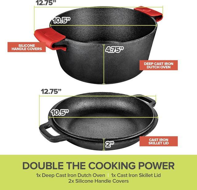 Alt view image 2 of 7 - Cast Iron Dutch Oven Pot with Lid, 3-in-1, 5 Quart Cast Iron Dutch Oven with Cast Iron Skillet Lid, Cast Iron Pot with Lid, Preseasoned Cast Iron Pots and Pans Set, RV or Lodge Camping Cast Iron Set