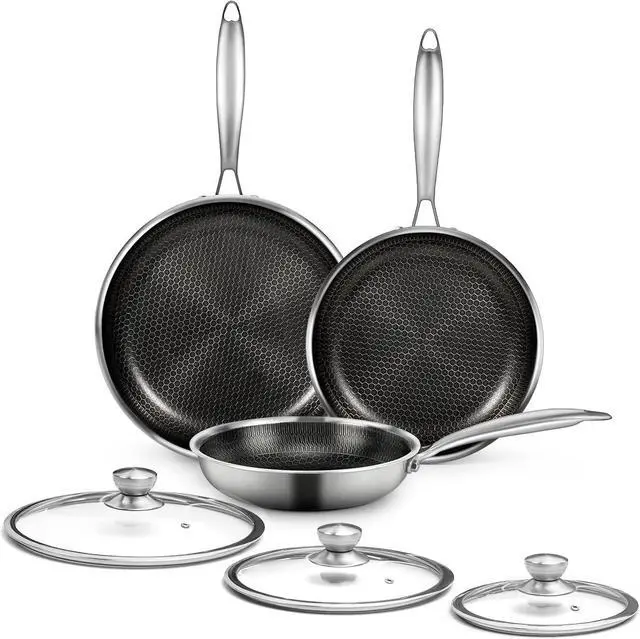 Main image of 6 Pieces Stainless Steel Frying Pan Set with Lids, Honeycomb Nonstick Frying Pan Set 3 Pcs,Induction Skillet Set Egg Omelette Frying Pan Set W/Lid, Induction Compatible, PFOA Free