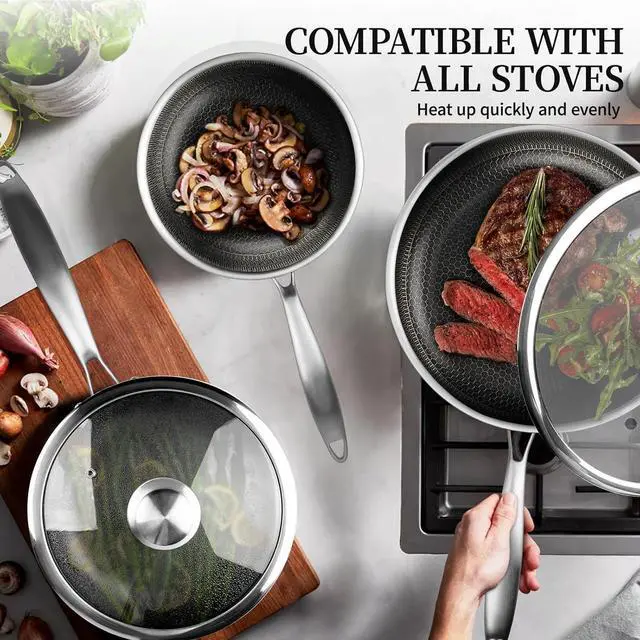Alt view image 4 of 7 - 6 Pieces Stainless Steel Frying Pan Set with Lids, Honeycomb Nonstick Frying Pan Set 3 Pcs,Induction Skillet Set Egg Omelette Frying Pan Set W/Lid, Induction Compatible, PFOA Free