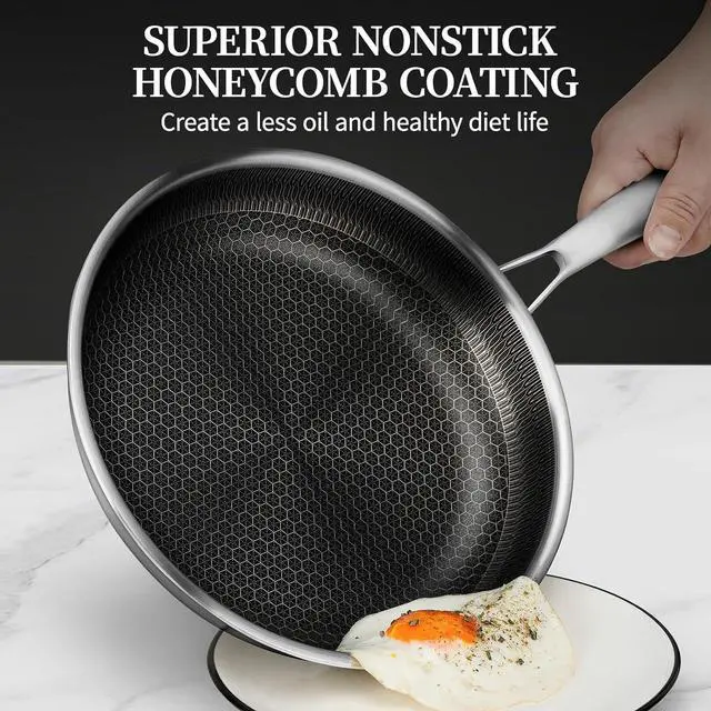 Alt view image 3 of 7 - 6 Pieces Stainless Steel Frying Pan Set with Lids, Honeycomb Nonstick Frying Pan Set 3 Pcs,Induction Skillet Set Egg Omelette Frying Pan Set W/Lid, Induction Compatible, PFOA Free