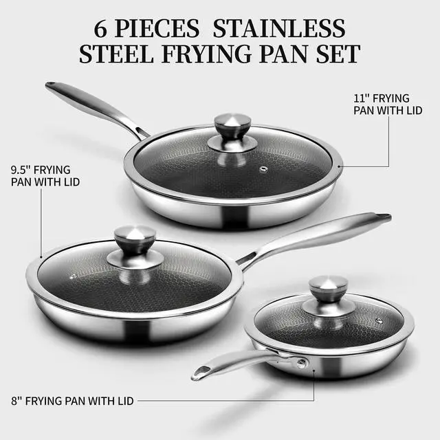 Alt view image 2 of 7 - 6 Pieces Stainless Steel Frying Pan Set with Lids, Honeycomb Nonstick Frying Pan Set 3 Pcs,Induction Skillet Set Egg Omelette Frying Pan Set W/Lid, Induction Compatible, PFOA Free
