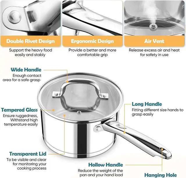 Alt view image 3 of 7 - P&P CHEF 3 Quart Saucepan with Lid, Stainless Steel Small Cooking Pot Induction Sauce Pan for Pasta Soup, Ergonomic Handle & Tri-ply Base, Dishwasher Safe