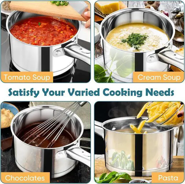 Alt view image 5 of 7 - P&P CHEF 3 Quart Saucepan with Lid, Stainless Steel Small Cooking Pot Induction Sauce Pan for Pasta Soup, Ergonomic Handle & Tri-ply Base, Dishwasher Safe
