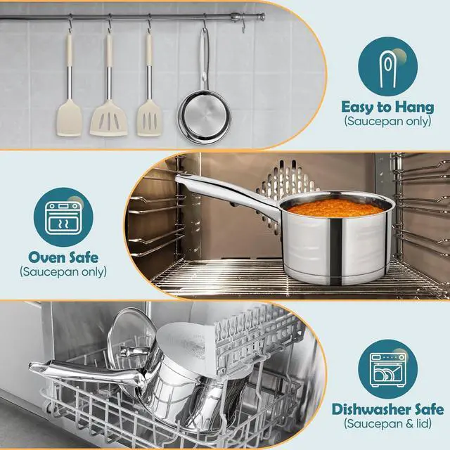 Alt view image 6 of 7 - P&P CHEF 3 Quart Saucepan with Lid, Stainless Steel Small Cooking Pot Induction Sauce Pan for Pasta Soup, Ergonomic Handle & Tri-ply Base, Dishwasher Safe