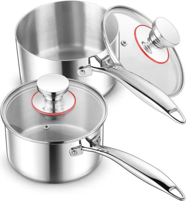 Main image of E-far Stainless Steel Saucepan Set - 2Qt & 3 Qt, Triply Sauce Pan Pot with Lid for Cooking Pasta Warming Milk Boiling Water, Small Metal Cookware for Kitchen, Induction Ready & Heavy Duty