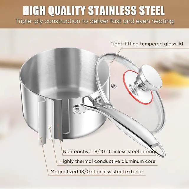 Alt view image 3 of 7 - E-far Stainless Steel Saucepan Set - 2Qt & 3 Qt, Triply Sauce Pan Pot with Lid for Cooking Pasta Warming Milk Boiling Water, Small Metal Cookware for Kitchen, Induction Ready & Heavy Duty