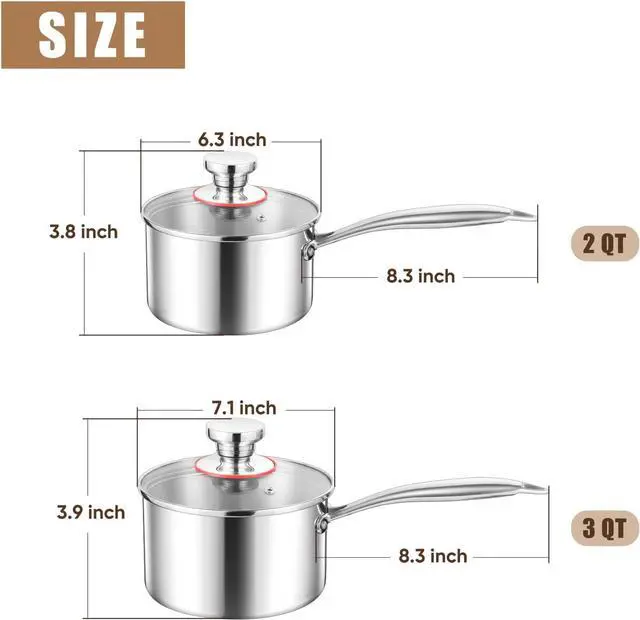 Alt view image 2 of 7 - E-far Stainless Steel Saucepan Set - 2Qt & 3 Qt, Triply Sauce Pan Pot with Lid for Cooking Pasta Warming Milk Boiling Water, Small Metal Cookware for Kitchen, Induction Ready & Heavy Duty