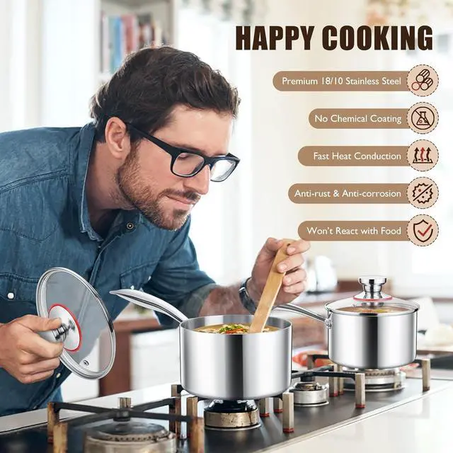 Alt view image 7 of 7 - E-far Stainless Steel Saucepan Set - 2Qt & 3 Qt, Triply Sauce Pan Pot with Lid for Cooking Pasta Warming Milk Boiling Water, Small Metal Cookware for Kitchen, Induction Ready & Heavy Duty