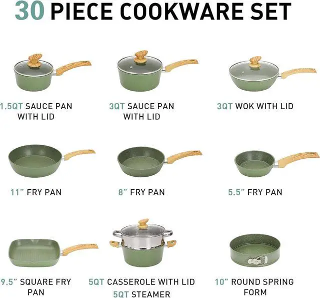 Alt view image 2 of 7 - MAISON ARTS 30 Piece Pots and Pans Set Non Stick, Kitchen Cookware & Bakeware Sets with Nonstick Granite Coating, Baking Tray, Frying Pan and Saucepan, Green