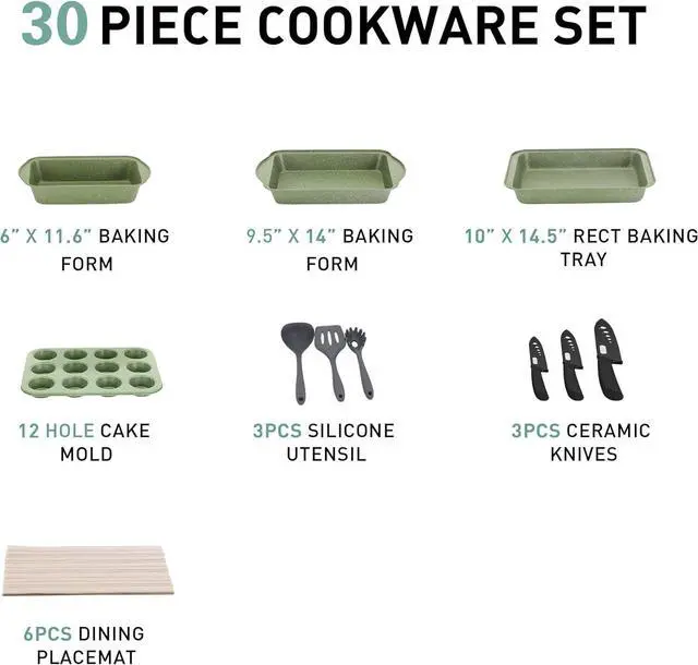 Alt view image 3 of 7 - MAISON ARTS 30 Piece Pots and Pans Set Non Stick, Kitchen Cookware & Bakeware Sets with Nonstick Granite Coating, Baking Tray, Frying Pan and Saucepan, Green
