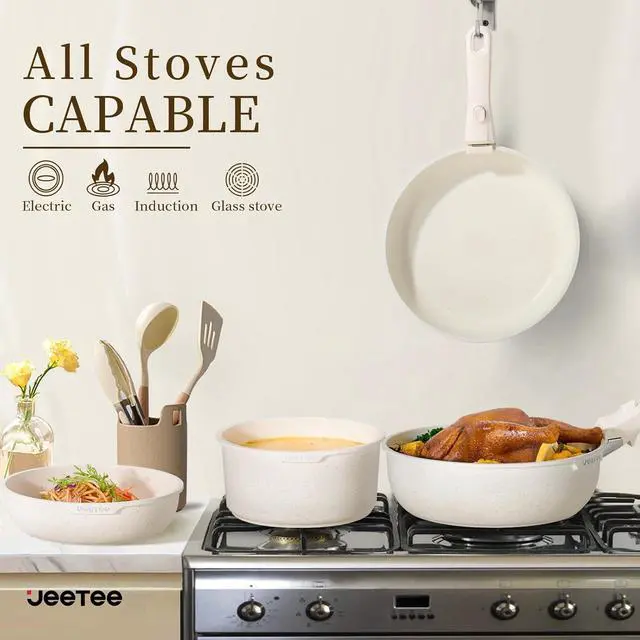 Alt view image 4 of 7 - JEETEE Pots and Pans Set Non Stick 19pcs, Kitchen Cookware Sets with Detachable Handle, Induction Nonstick Cookware Set with Removable Handle, Stackable RV Cookware, Oven Safe, PFOA Free, Beige