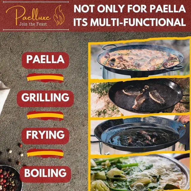 Alt view image 7 of 7 - Paella Pan  Enamelled, No-Rust Steel Skillet  Perfect for Propane & Gas Burners  Indoor & Outdoor Cooking Cacerola Paellera Sarten  18 Inch, for 12 Servings