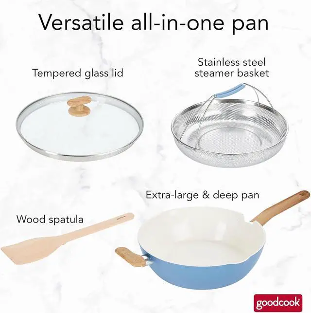 Alt view image 2 of 7 - GoodCook Healthy Ceramic Titanium-infused All-in-One Pan with Tempered Glass Lid, Steamer Basket, and Spatula, Light Blue  Induction Cookware, Nonstick Cooking Pan, Food Cooker and Steamer