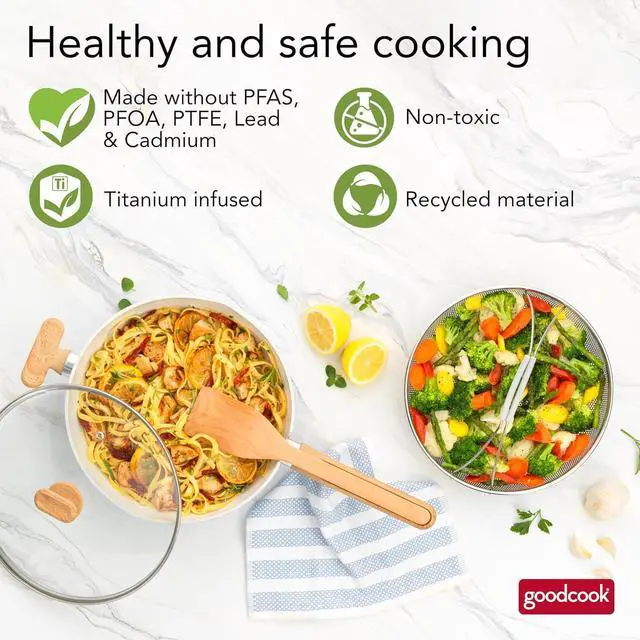 Alt view image 3 of 7 - GoodCook Healthy Ceramic Titanium-infused All-in-One Pan with Tempered Glass Lid, Steamer Basket, and Spatula, Light Blue  Induction Cookware, Nonstick Cooking Pan, Food Cooker and Steamer