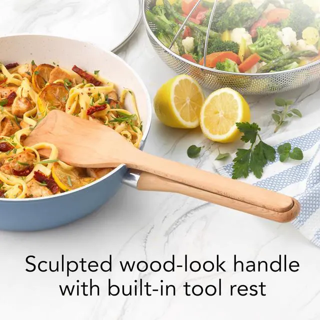 Alt view image 4 of 7 - GoodCook Healthy Ceramic Titanium-infused All-in-One Pan with Tempered Glass Lid, Steamer Basket, and Spatula, Light Blue  Induction Cookware, Nonstick Cooking Pan, Food Cooker and Steamer