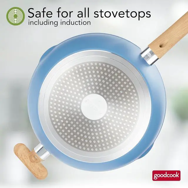Alt view image 7 of 7 - GoodCook Healthy Ceramic Titanium-infused All-in-One Pan with Tempered Glass Lid, Steamer Basket, and Spatula, Light Blue  Induction Cookware, Nonstick Cooking Pan, Food Cooker and Steamer