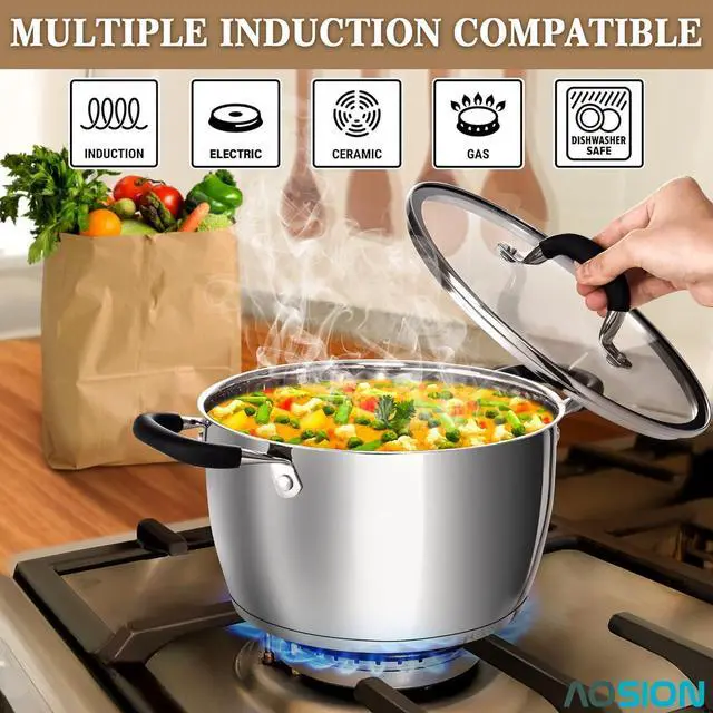 Alt view image 2 of 6 - AOSION 6 Quart Stainless Steel Stockpot, Large Stock Pot with Lid for Cooking, Induction Cooking Pot for All Stoves, Dishwasher Safe, Stockpot with Silicone Trivet Mat, Steamer Rack, Spaghetti Fork