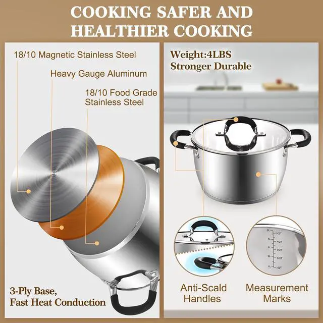Alt view image 3 of 6 - AOSION 6 Quart Stainless Steel Stockpot, Large Stock Pot with Lid for Cooking, Induction Cooking Pot for All Stoves, Dishwasher Safe, Stockpot with Silicone Trivet Mat, Steamer Rack, Spaghetti Fork