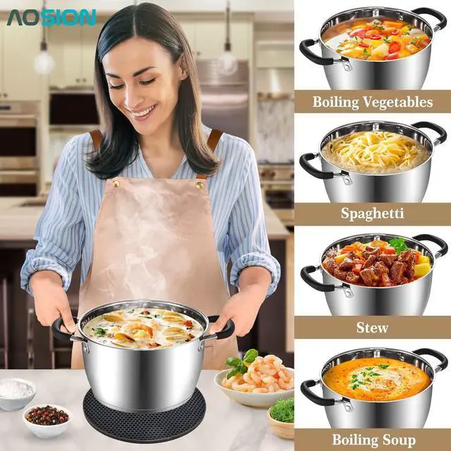 Alt view image 5 of 6 - AOSION 6 Quart Stainless Steel Stockpot, Large Stock Pot with Lid for Cooking, Induction Cooking Pot for All Stoves, Dishwasher Safe, Stockpot with Silicone Trivet Mat, Steamer Rack, Spaghetti Fork