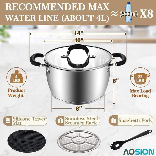 Alt view image 4 of 6 - AOSION 6 Quart Stainless Steel Stockpot, Large Stock Pot with Lid for Cooking, Induction Cooking Pot for All Stoves, Dishwasher Safe, Stockpot with Silicone Trivet Mat, Steamer Rack, Spaghetti Fork