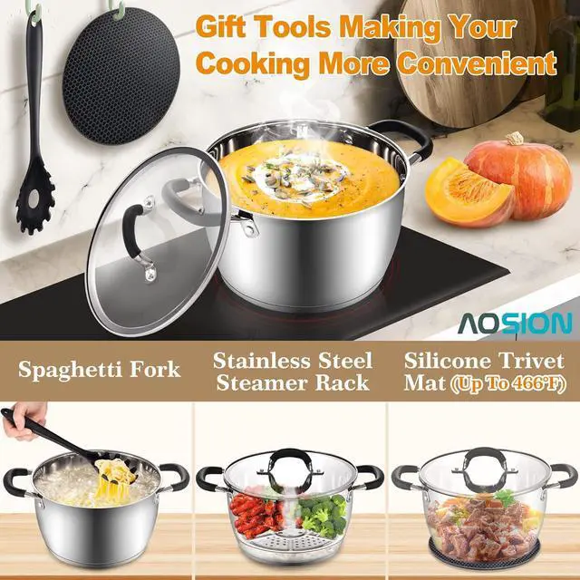 Alt view image 6 of 6 - AOSION 6 Quart Stainless Steel Stockpot, Large Stock Pot with Lid for Cooking, Induction Cooking Pot for All Stoves, Dishwasher Safe, Stockpot with Silicone Trivet Mat, Steamer Rack, Spaghetti Fork