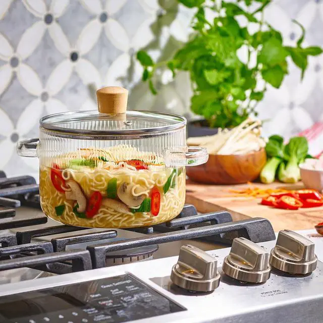 Alt view image 3 of 7 - Glass Cooking Pot with Lid - 1.6L(54oz) Heat Resistant Borosilicate Glass Cookware Stovetop Pot Set - Paella Pan Simmer Pot with Cover Safe for Soup, Milk, Baby Food