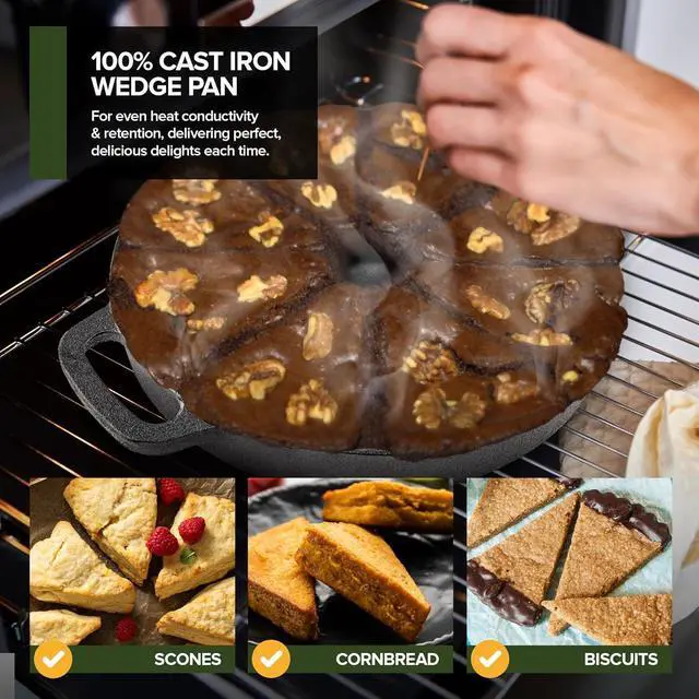 Alt view image 5 of 7 - Modern Innovations Classic Cast Iron Wedge Pan, Non-Stick Cornbread Skillet with Easy Transport Handles, 8 Slice Divided Cast Iron Baking Pan for Scones, Biscuits, Breads & Desserts