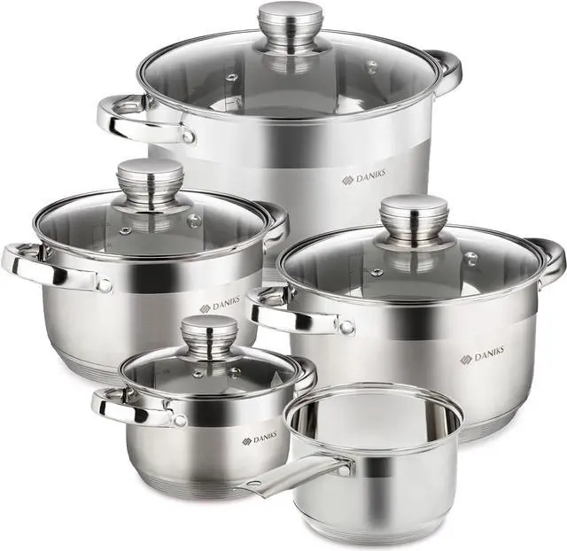 Main image of Daniks Standard 9-Piece Stainless Steel Induction Cookware Set, Dishwasher Safe Pots and Saucepan, Measuring Scale, Glass Lids, For Soup, Pasta, Stew, Silver