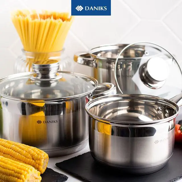 Alt view image 2 of 7 - Daniks Standard 9-Piece Stainless Steel Induction Cookware Set, Dishwasher Safe Pots and Saucepan, Measuring Scale, Glass Lids, For Soup, Pasta, Stew, Silver