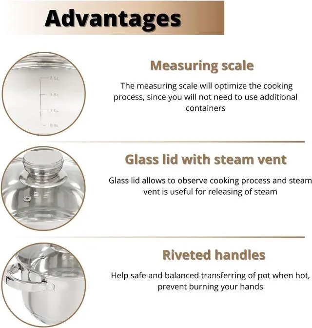 Alt view image 3 of 7 - Daniks Standard 9-Piece Stainless Steel Induction Cookware Set, Dishwasher Safe Pots and Saucepan, Measuring Scale, Glass Lids, For Soup, Pasta, Stew, Silver
