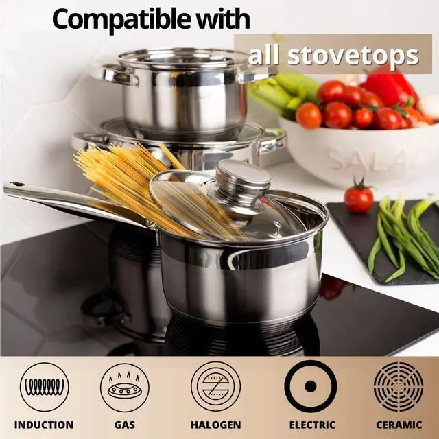 Alt view image 4 of 7 - Daniks Standard 9-Piece Stainless Steel Induction Cookware Set, Dishwasher Safe Pots and Saucepan, Measuring Scale, Glass Lids, For Soup, Pasta, Stew, Silver