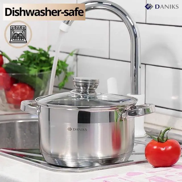Alt view image 5 of 7 - Daniks Standard 9-Piece Stainless Steel Induction Cookware Set, Dishwasher Safe Pots and Saucepan, Measuring Scale, Glass Lids, For Soup, Pasta, Stew, Silver