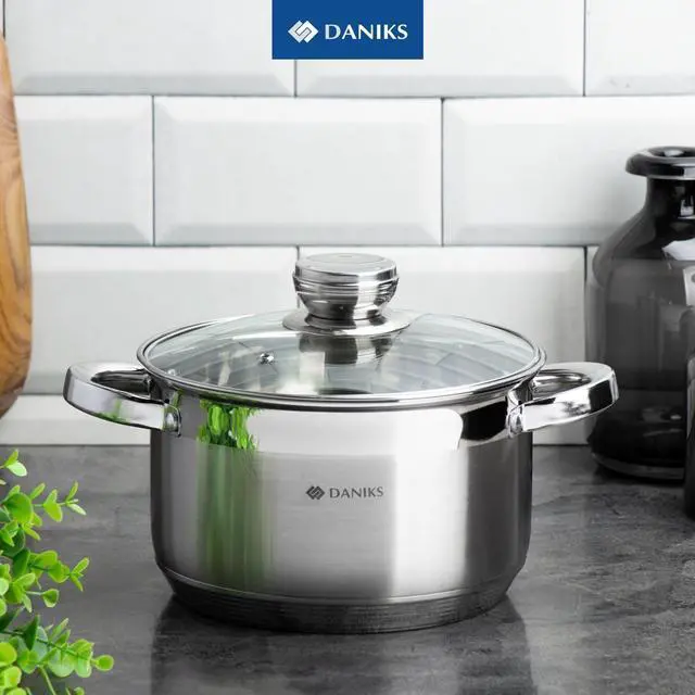 Alt view image 7 of 7 - Daniks Standard 9-Piece Stainless Steel Induction Cookware Set, Dishwasher Safe Pots and Saucepan, Measuring Scale, Glass Lids, For Soup, Pasta, Stew, Silver