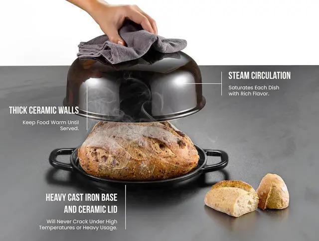 Alt view image 2 of 7 - Kook Bread Oven, Sourdough Pan with Lid and Handles, Enameled Cast Iron Pan and Ceramic Lid, For Baking, Cooking, Roasting, Black
